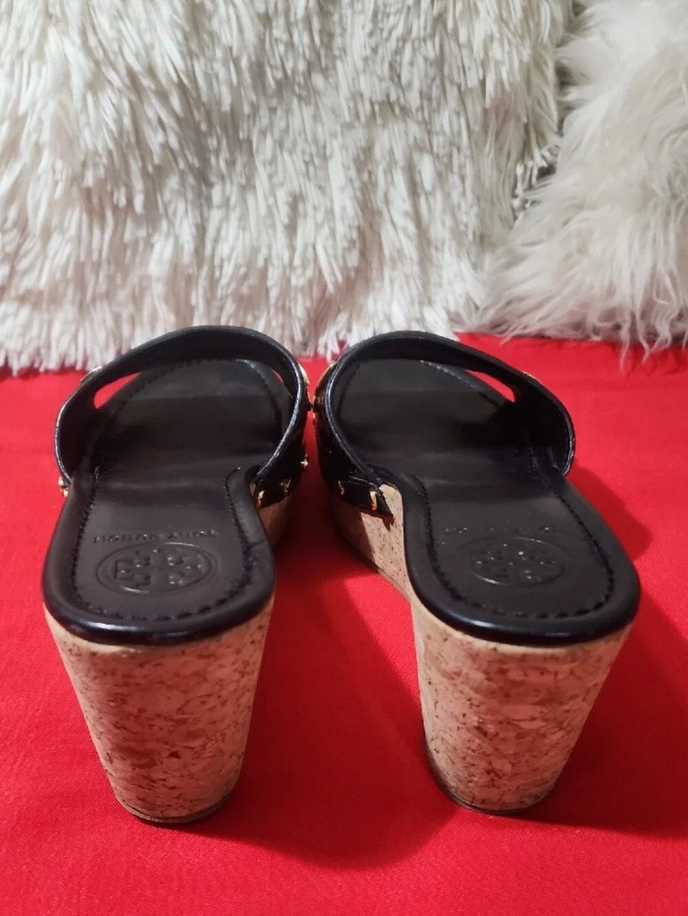 Tory Burch Pamela Black Patent Cork Wedge Slide Sandals with Gold Logo